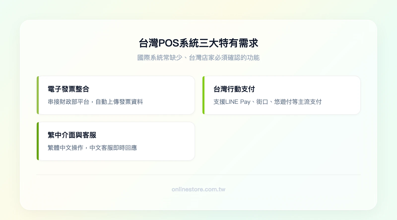 台灣POS系統三大特有需求：電子發票整合（財政部規範）、台灣行動支付串接（LINE Pay/街口/悠遊付）、繁體中文介面與在地客服