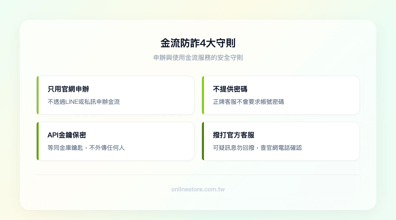 金流防詐4大守則：不透過LINE申辦（只用官網）、不提供密碼給客服（正牌不會要求）、API金鑰不外傳（等同金庫鑰匙）、可疑訊息打官方客服確認（不回撥來電號碼）
