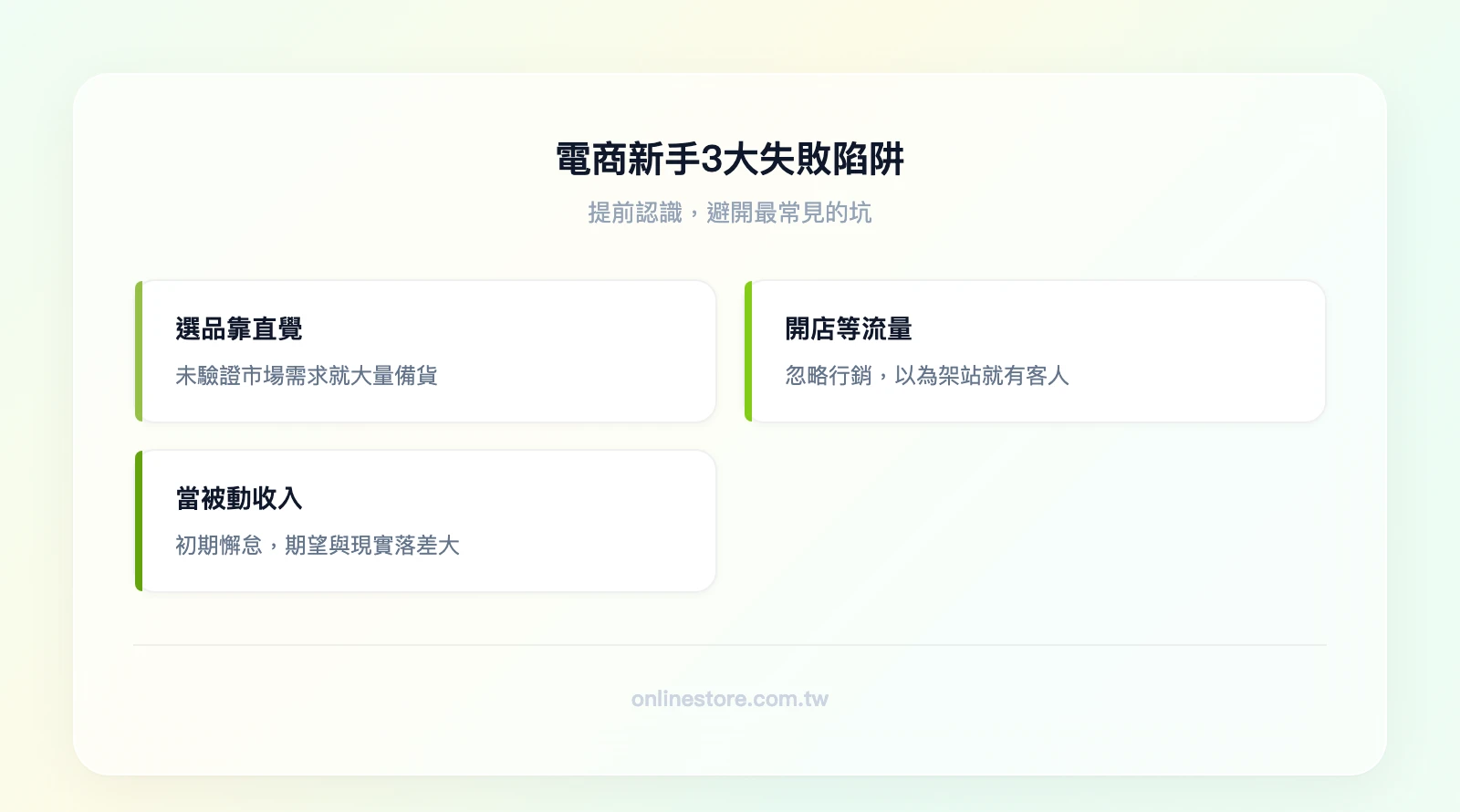 電商新手3大失敗陷阱：選品靠直覺未驗證市場、以為開店就有流量忽略行銷、把電商當被動收入初期懈怠